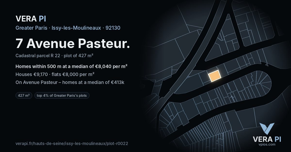 7 Avenue Pasteur, Issy-les-Moulineaux at night – the plot lit, the parcels around coloured by the prices near them