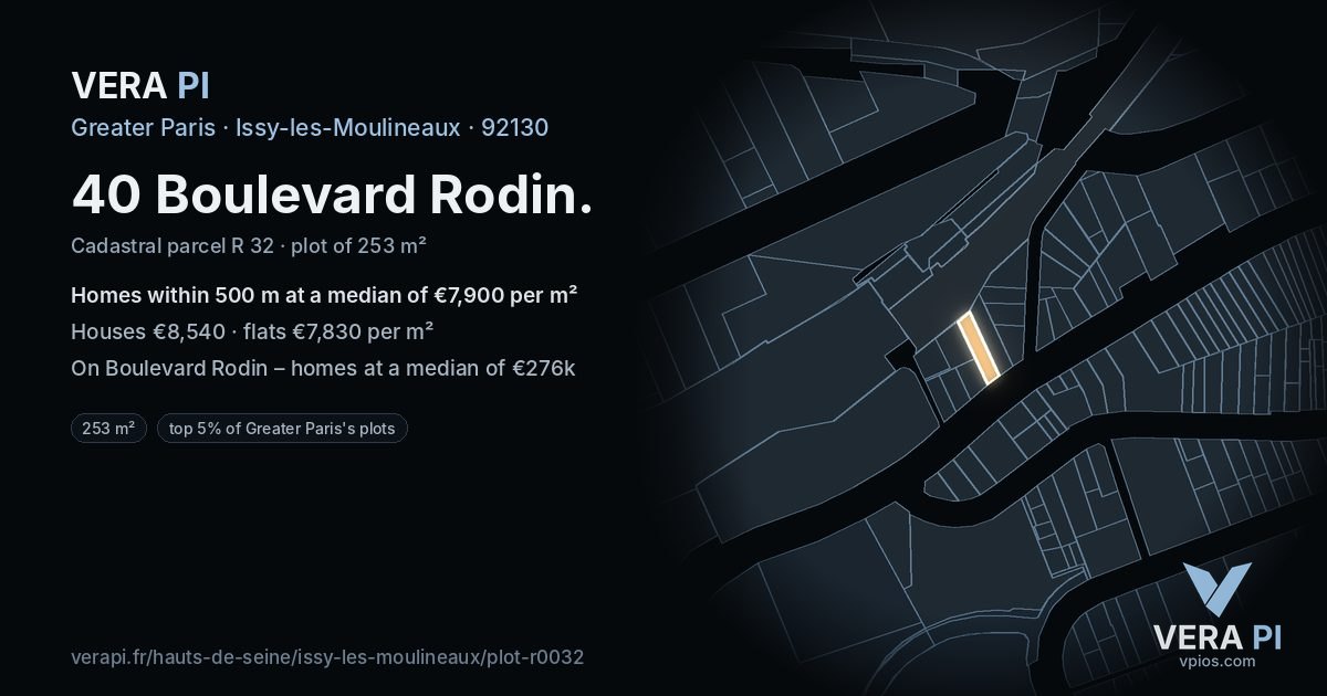 40 Boulevard Rodin, Issy-les-Moulineaux at night – the plot lit, the parcels around coloured by the prices near them