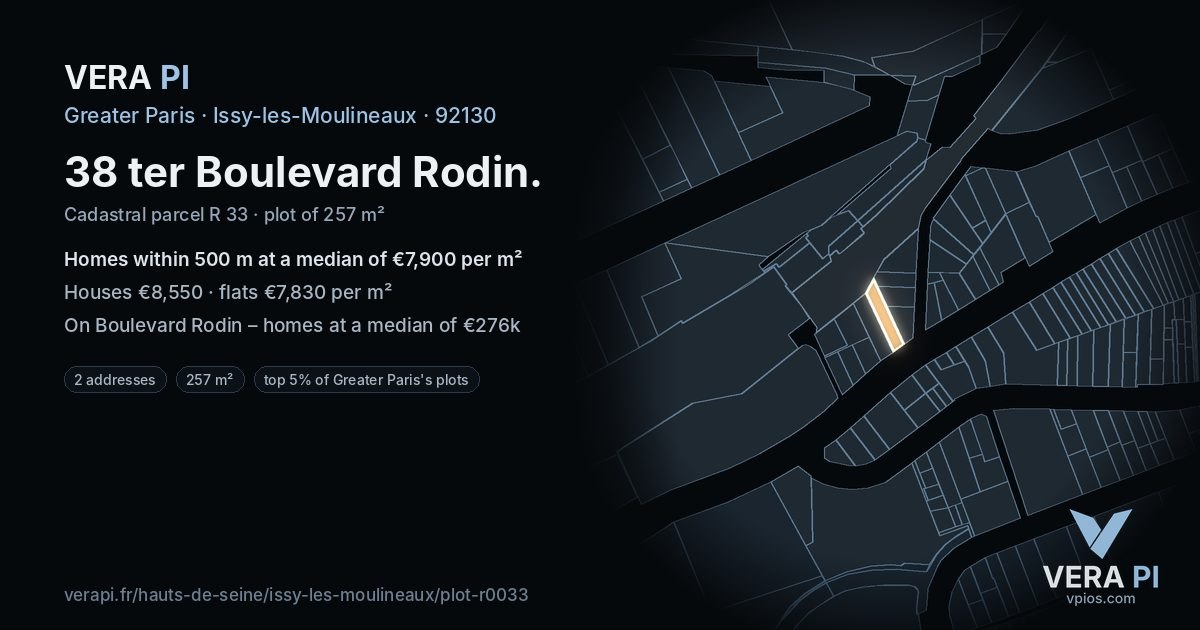 38 ter Boulevard Rodin, Issy-les-Moulineaux at night – the plot lit, the parcels around coloured by the prices near them