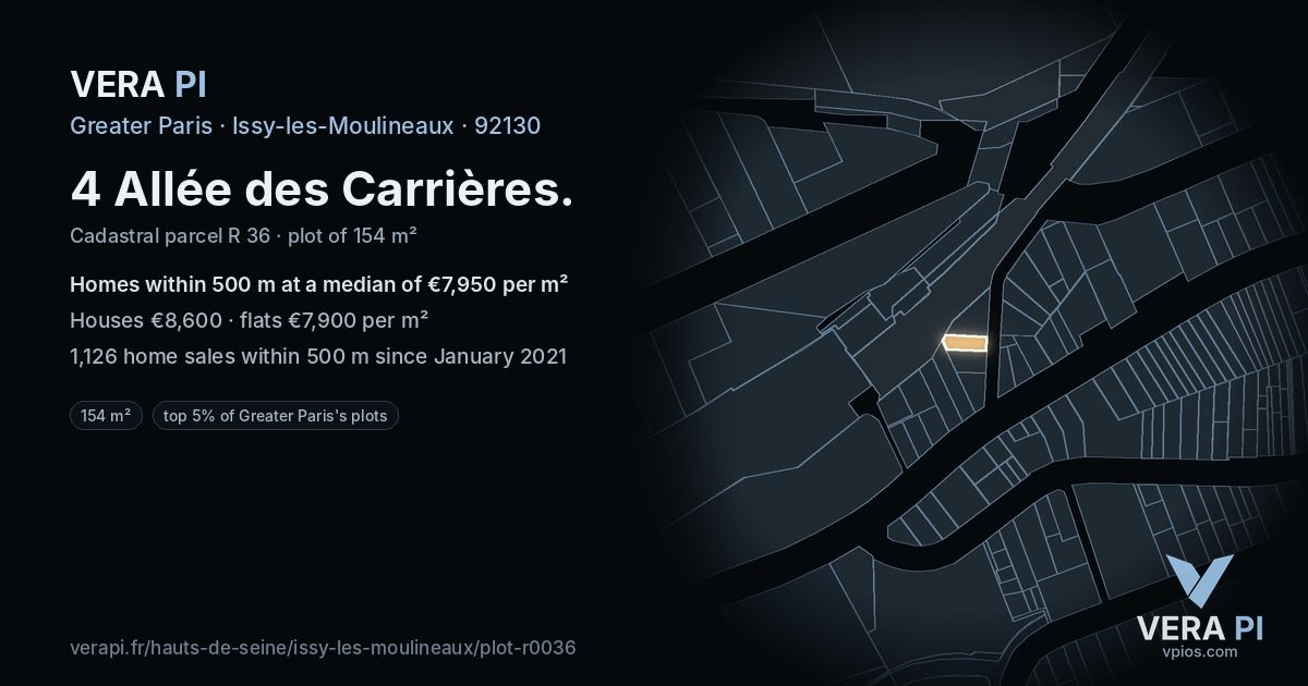 4 Allée des Carrières, Issy-les-Moulineaux at night – the plot lit, the parcels around coloured by the prices near them