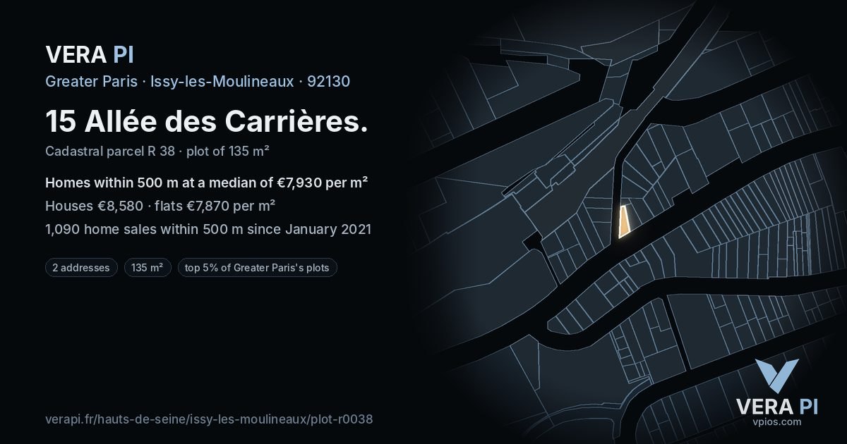 15 Allée des Carrières, Issy-les-Moulineaux at night – the plot lit, the parcels around coloured by the prices near them