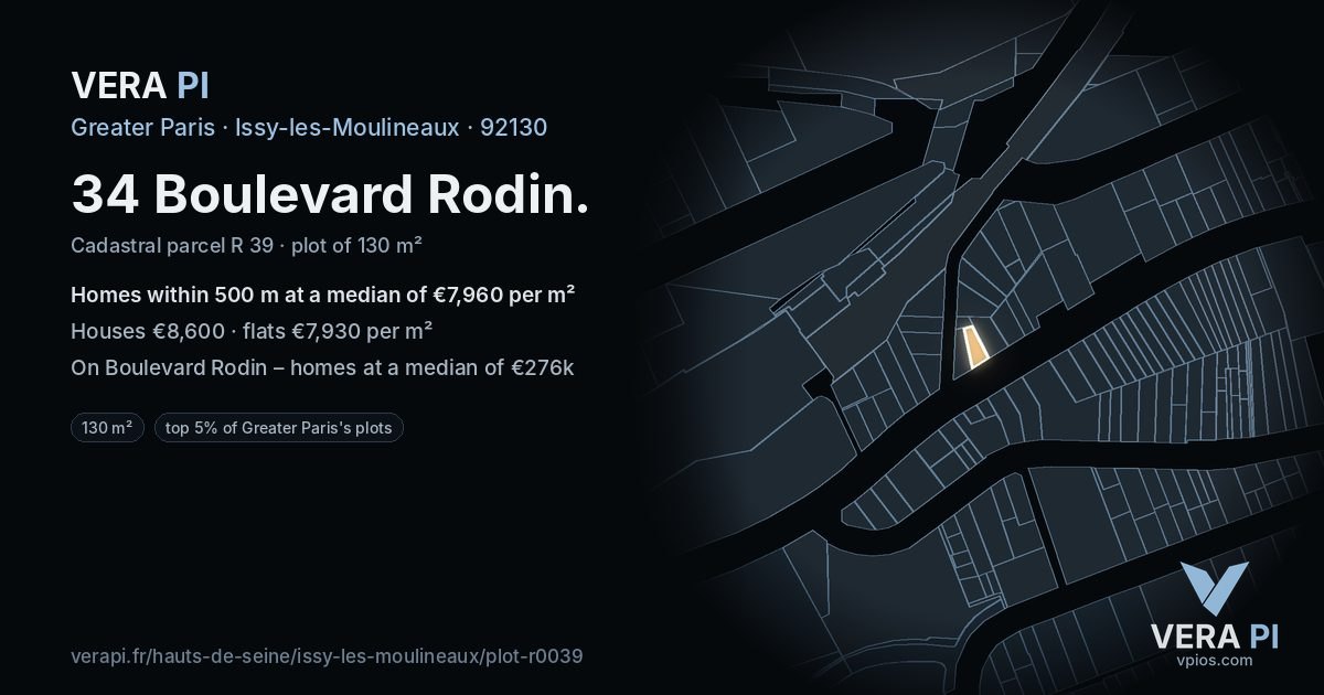 34 Boulevard Rodin, Issy-les-Moulineaux at night – the plot lit, the parcels around coloured by the prices near them