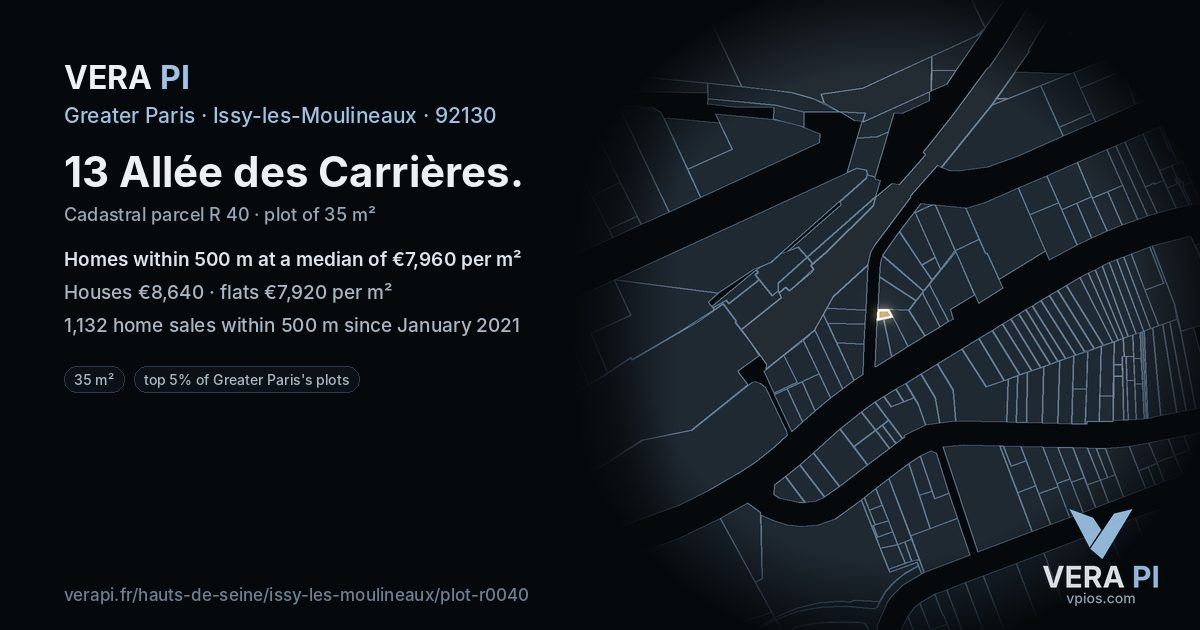 13 Allée des Carrières, Issy-les-Moulineaux at night – the plot lit, the parcels around coloured by the prices near them