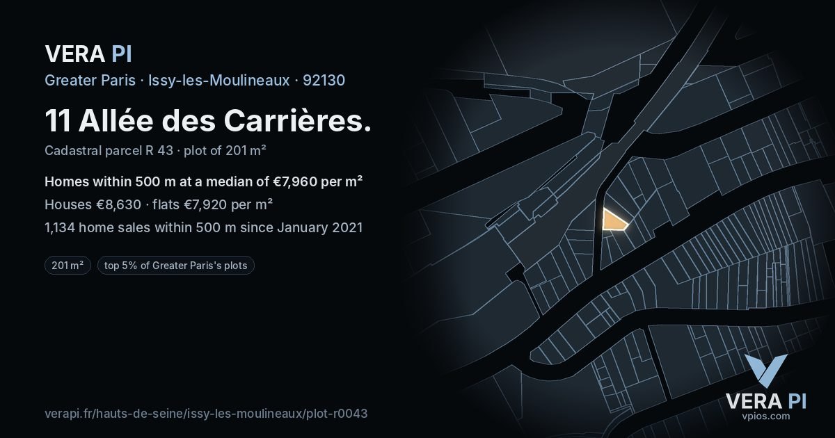 11 Allée des Carrières, Issy-les-Moulineaux at night – the plot lit, the parcels around coloured by the prices near them