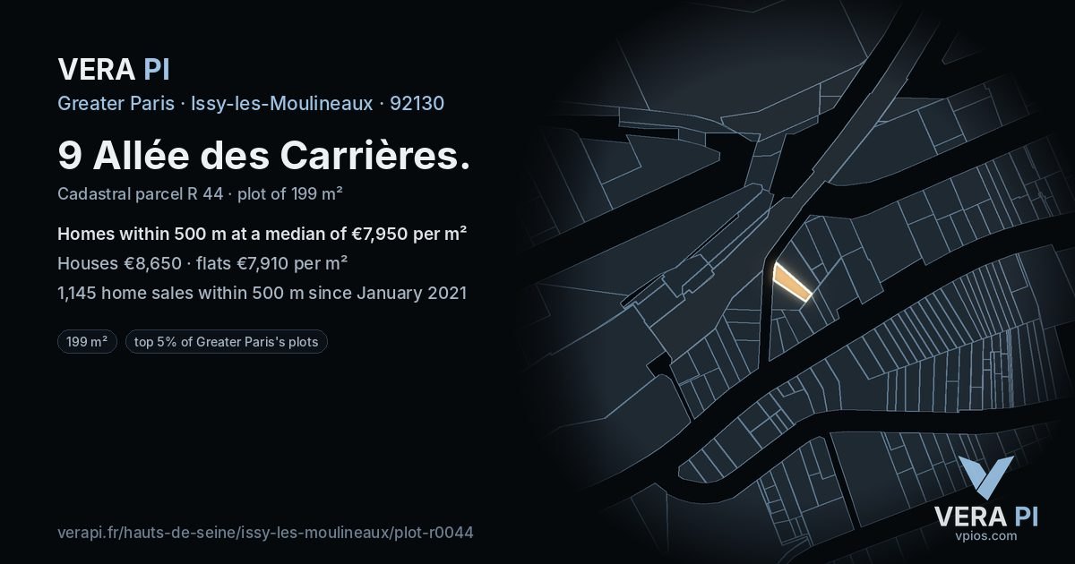 9 Allée des Carrières, Issy-les-Moulineaux at night – the plot lit, the parcels around coloured by the prices near them