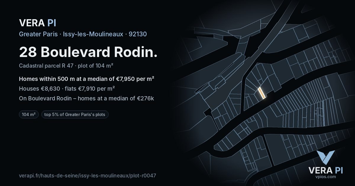 28 Boulevard Rodin, Issy-les-Moulineaux at night – the plot lit, the parcels around coloured by the prices near them