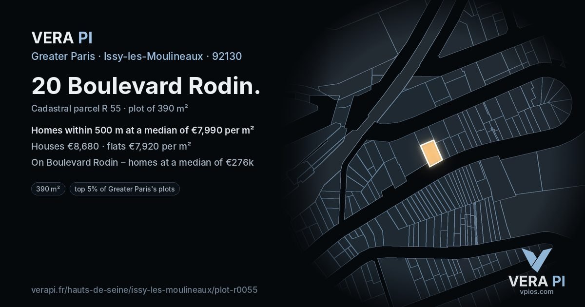 20 Boulevard Rodin, Issy-les-Moulineaux at night – the plot lit, the parcels around coloured by the prices near them