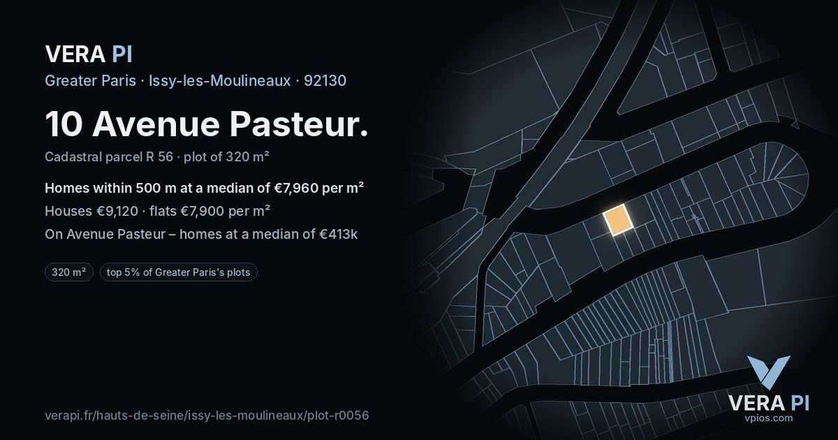 10 Avenue Pasteur, Issy-les-Moulineaux at night – the plot lit, the parcels around coloured by the prices near them
