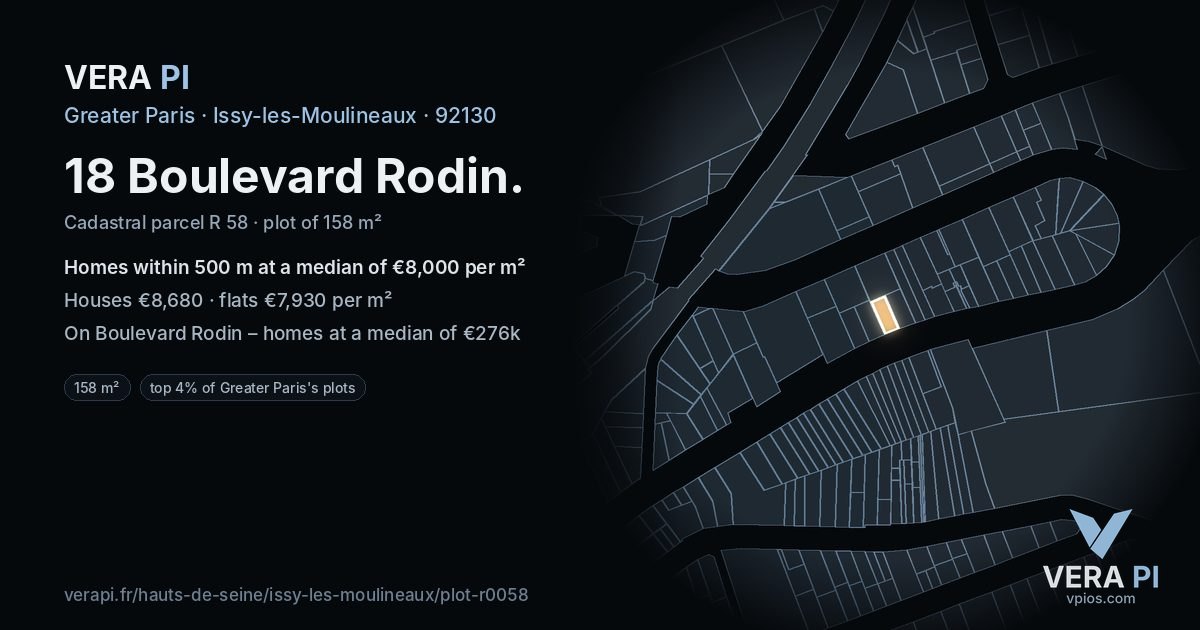 18 Boulevard Rodin, Issy-les-Moulineaux at night – the plot lit, the parcels around coloured by the prices near them