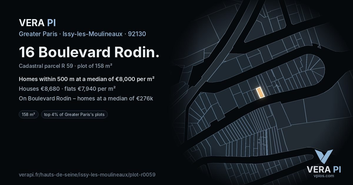16 Boulevard Rodin, Issy-les-Moulineaux at night – the plot lit, the parcels around coloured by the prices near them