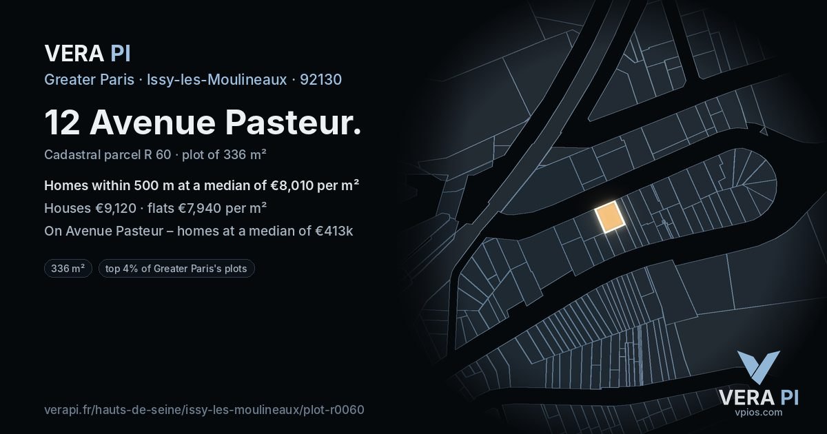 12 Avenue Pasteur, Issy-les-Moulineaux at night – the plot lit, the parcels around coloured by the prices near them