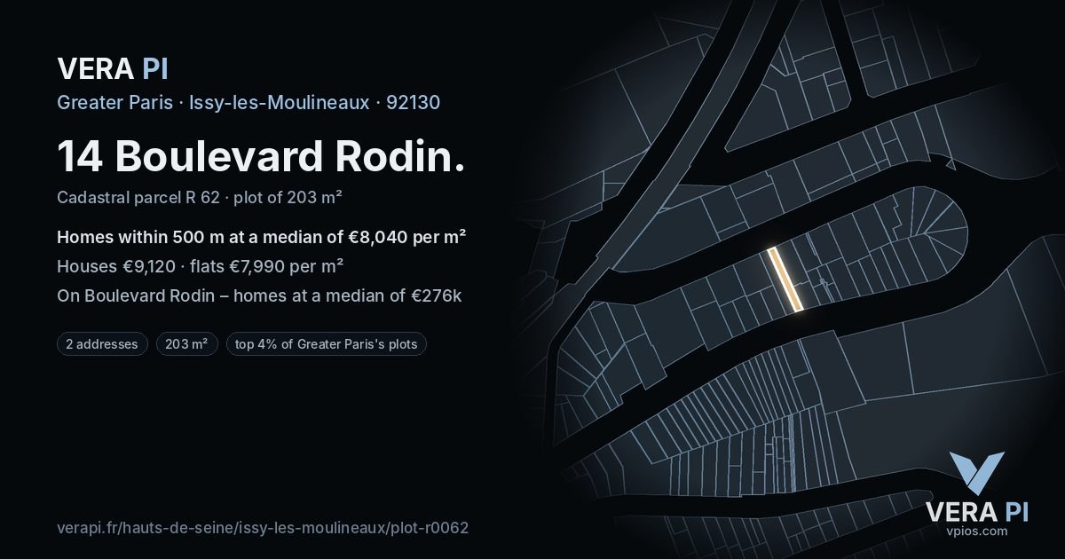 14 Boulevard Rodin, Issy-les-Moulineaux at night – the plot lit, the parcels around coloured by the prices near them