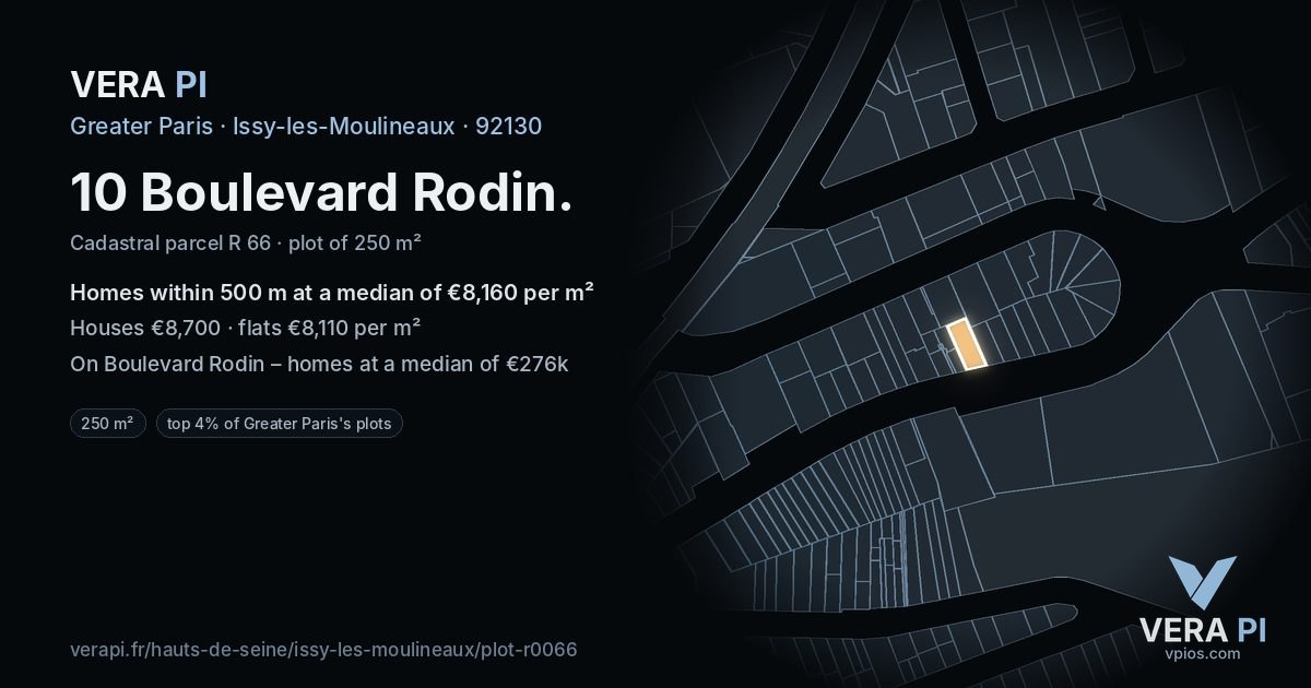 10 Boulevard Rodin, Issy-les-Moulineaux at night – the plot lit, the parcels around coloured by the prices near them