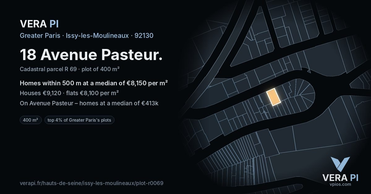 18 Avenue Pasteur, Issy-les-Moulineaux at night – the plot lit, the parcels around coloured by the prices near them