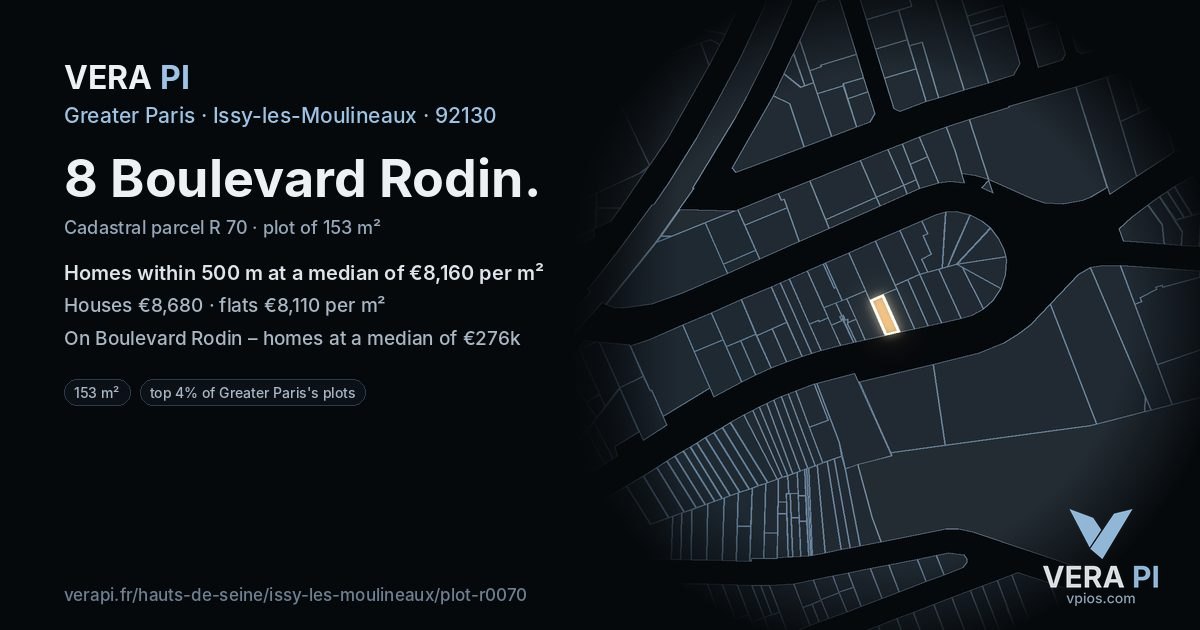 8 Boulevard Rodin, Issy-les-Moulineaux at night – the plot lit, the parcels around coloured by the prices near them