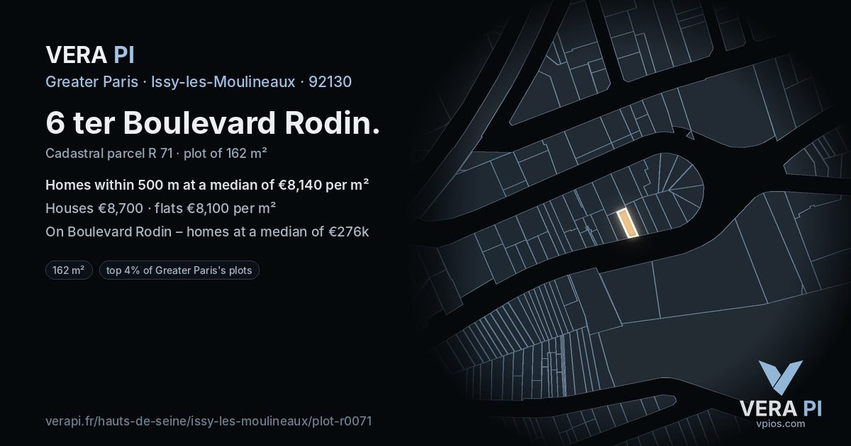 6 ter Boulevard Rodin, Issy-les-Moulineaux at night – the plot lit, the parcels around coloured by the prices near them