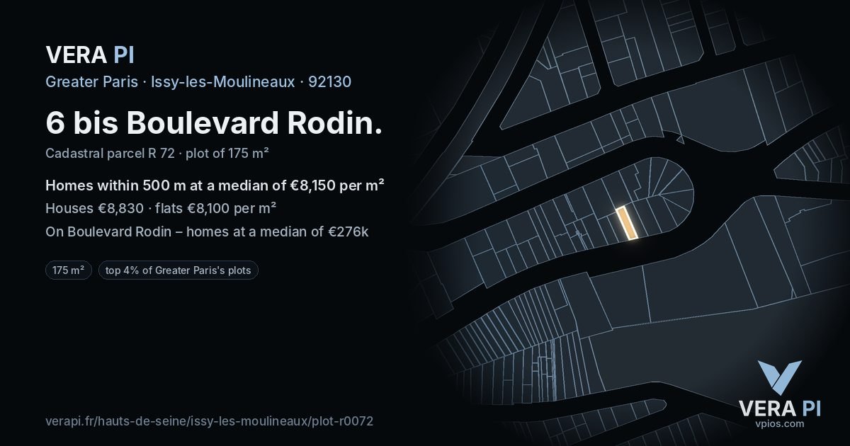 6 bis Boulevard Rodin, Issy-les-Moulineaux at night – the plot lit, the parcels around coloured by the prices near them