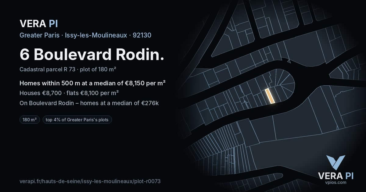 6 Boulevard Rodin, Issy-les-Moulineaux at night – the plot lit, the parcels around coloured by the prices near them