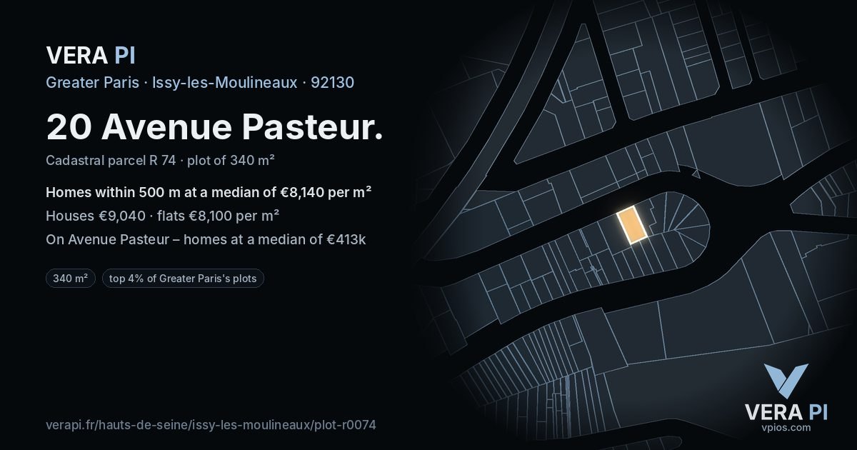 20 Avenue Pasteur, Issy-les-Moulineaux at night – the plot lit, the parcels around coloured by the prices near them
