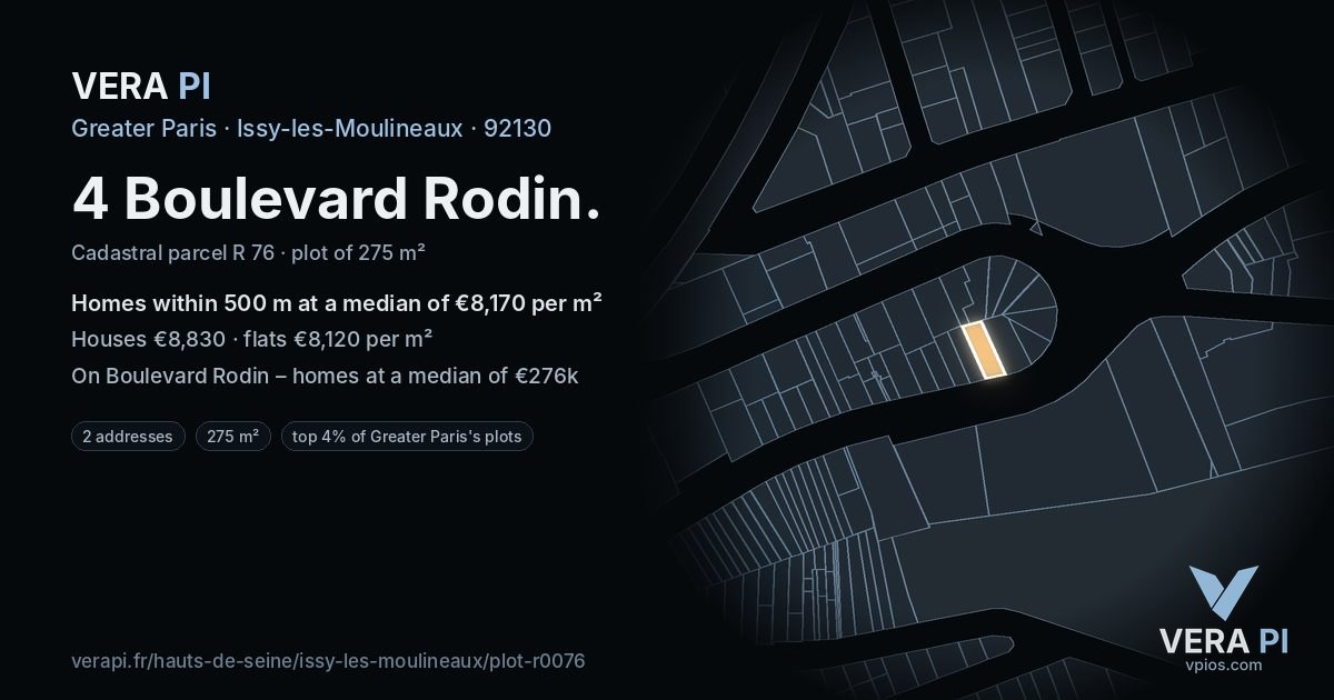 4 Boulevard Rodin, Issy-les-Moulineaux at night – the plot lit, the parcels around coloured by the prices near them