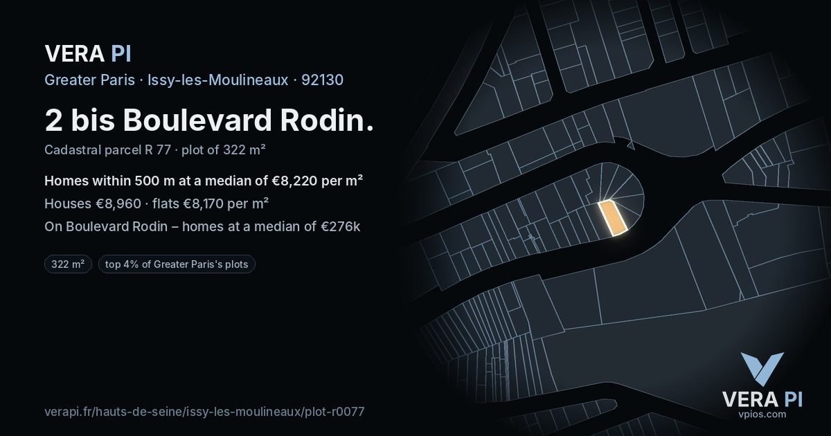 2 bis Boulevard Rodin, Issy-les-Moulineaux at night – the plot lit, the parcels around coloured by the prices near them