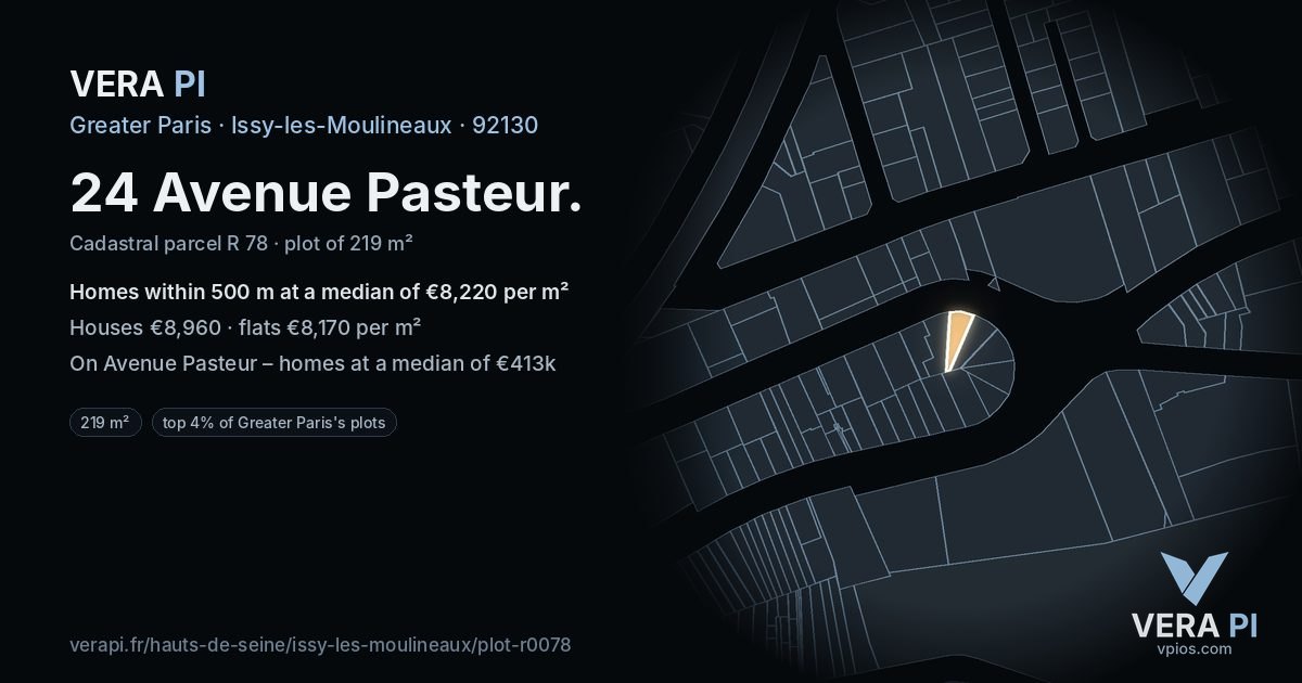 24 Avenue Pasteur, Issy-les-Moulineaux at night – the plot lit, the parcels around coloured by the prices near them