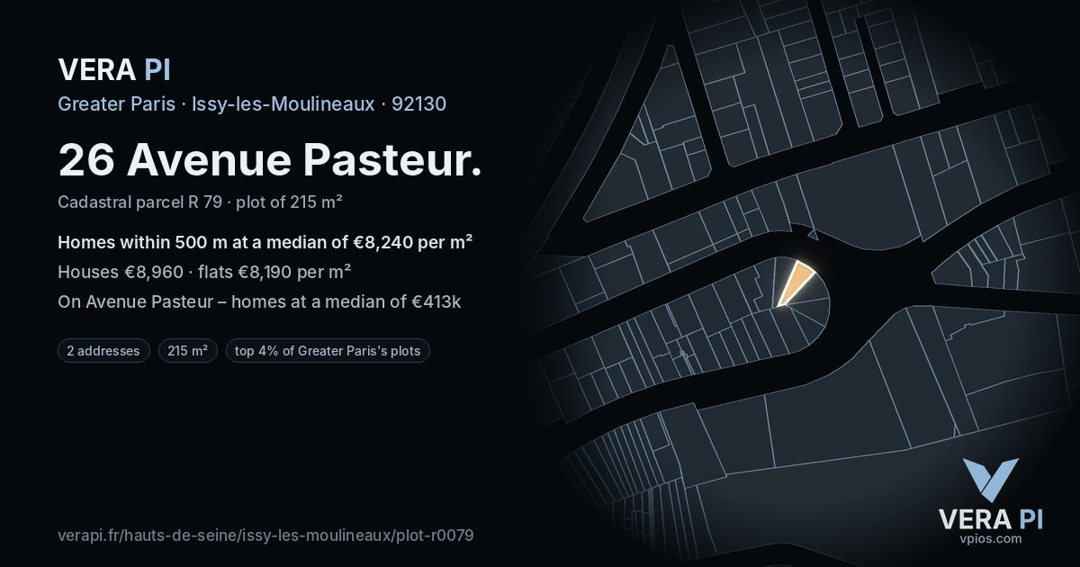 26 Avenue Pasteur, Issy-les-Moulineaux at night – the plot lit, the parcels around coloured by the prices near them