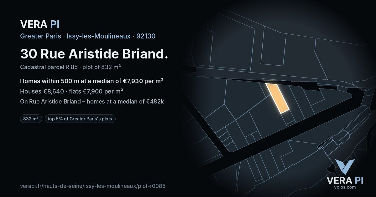 30 Rue Aristide Briand, Issy-les-Moulineaux at night – the plot lit, the parcels around coloured by the prices near them