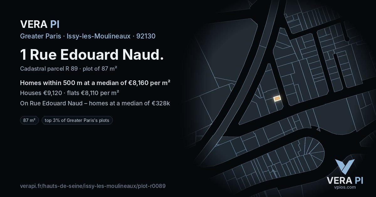 1 Rue Edouard Naud, Issy-les-Moulineaux at night – the plot lit, the parcels around coloured by the prices near them