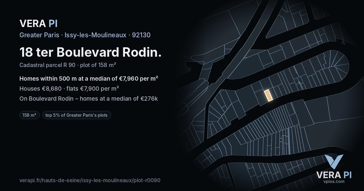 18 ter Boulevard Rodin, Issy-les-Moulineaux at night – the plot lit, the parcels around coloured by the prices near them