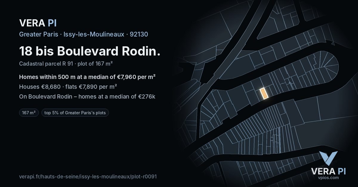 18 bis Boulevard Rodin, Issy-les-Moulineaux at night – the plot lit, the parcels around coloured by the prices near them