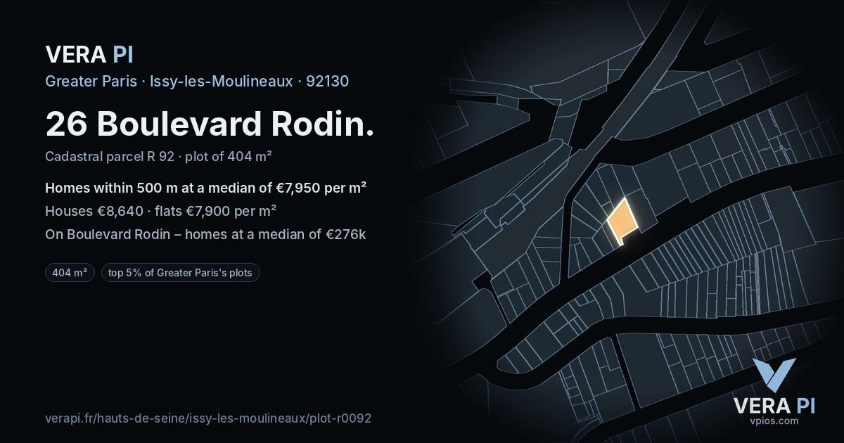 26 Boulevard Rodin, Issy-les-Moulineaux at night – the plot lit, the parcels around coloured by the prices near them
