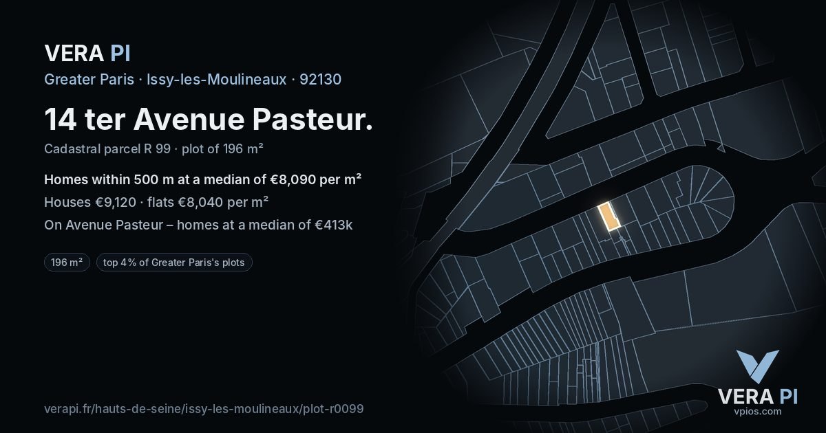 14 ter Avenue Pasteur, Issy-les-Moulineaux at night – the plot lit, the parcels around coloured by the prices near them