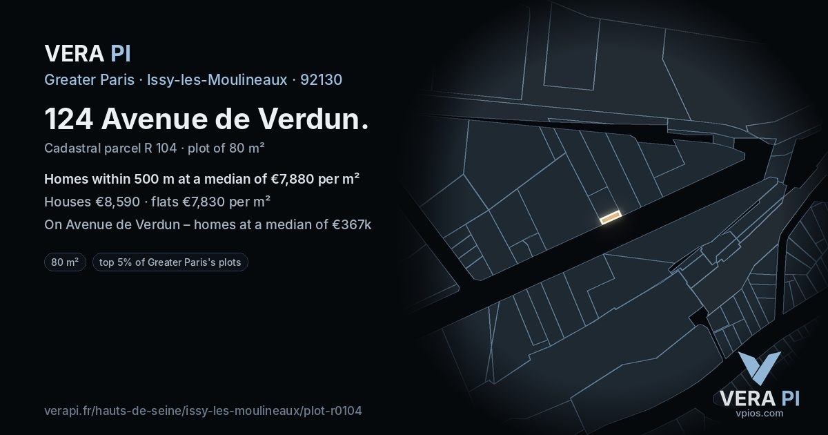 124 Avenue de Verdun, Issy-les-Moulineaux at night – the plot lit, the parcels around coloured by the prices near them