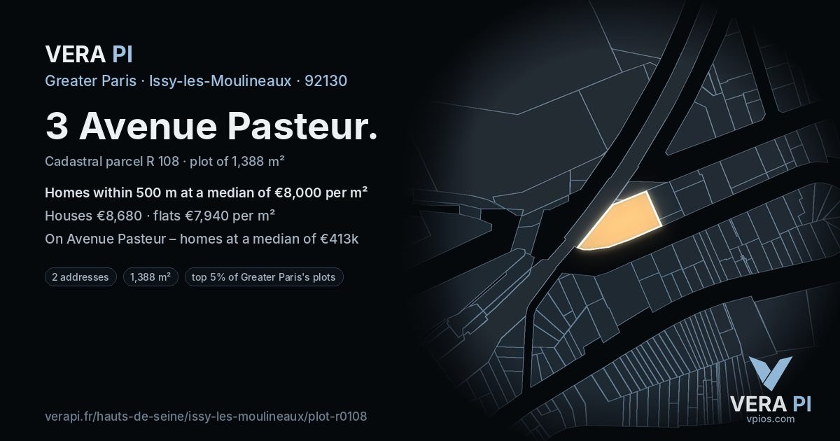 3 Avenue Pasteur, Issy-les-Moulineaux at night – the plot lit, the parcels around coloured by the prices near them