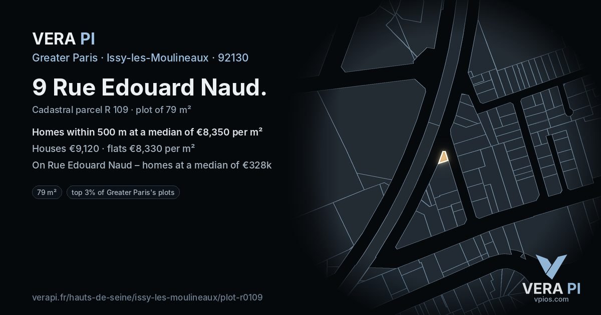 9 Rue Edouard Naud, Issy-les-Moulineaux at night – the plot lit, the parcels around coloured by the prices near them