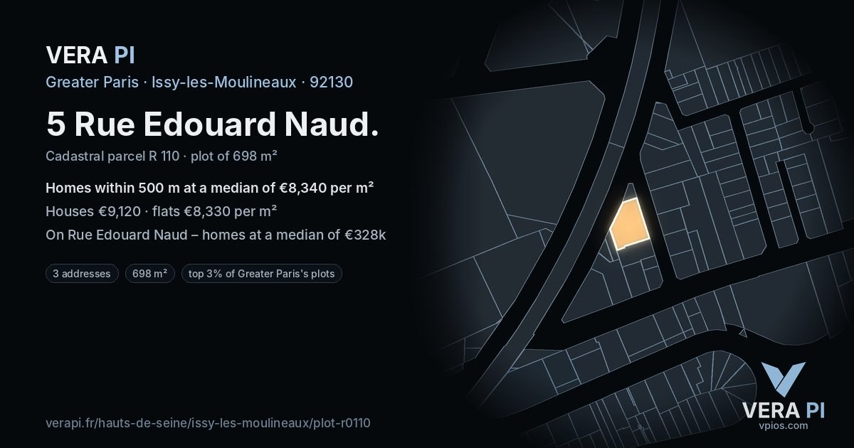 5 Rue Edouard Naud, Issy-les-Moulineaux at night – the plot lit, the parcels around coloured by the prices near them