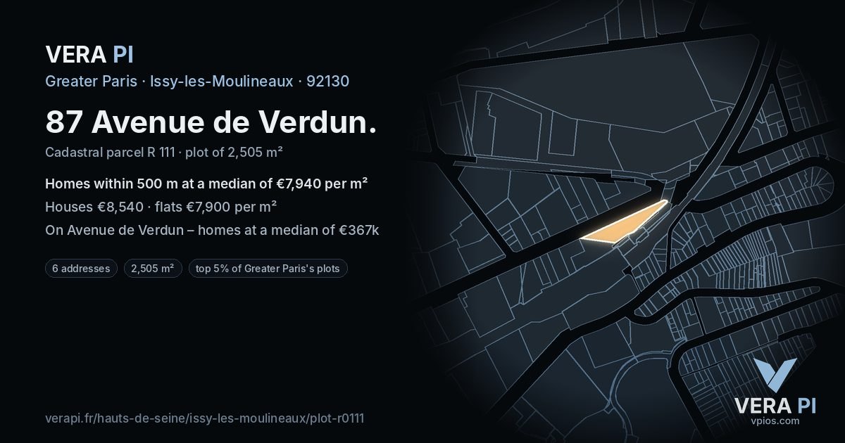 87 Avenue de Verdun, Issy-les-Moulineaux at night – the plot lit, the parcels around coloured by the prices near them