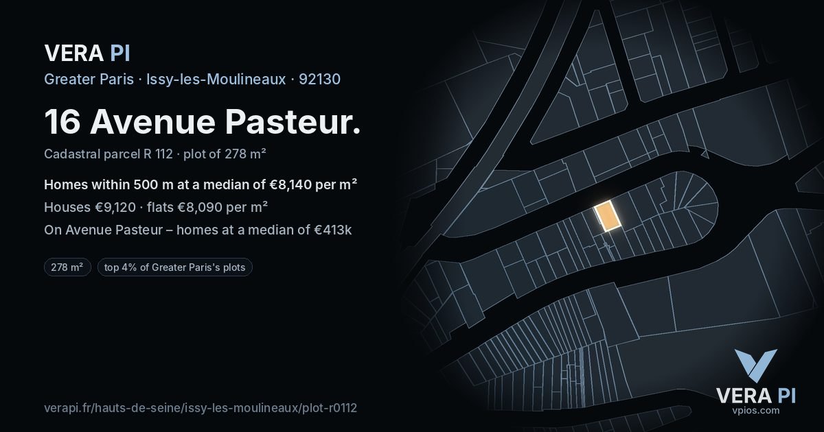 16 Avenue Pasteur, Issy-les-Moulineaux at night – the plot lit, the parcels around coloured by the prices near them