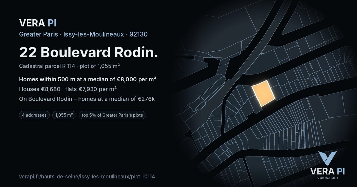 22 Boulevard Rodin, Issy-les-Moulineaux at night – the plot lit, the parcels around coloured by the prices near them