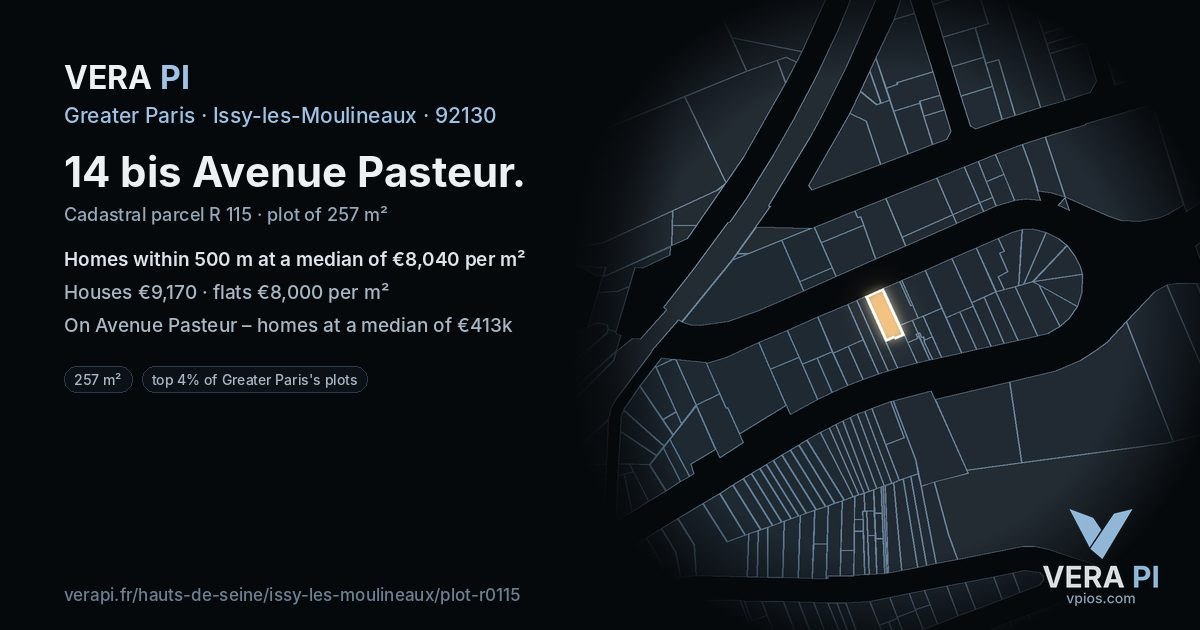 14 bis Avenue Pasteur, Issy-les-Moulineaux at night – the plot lit, the parcels around coloured by the prices near them