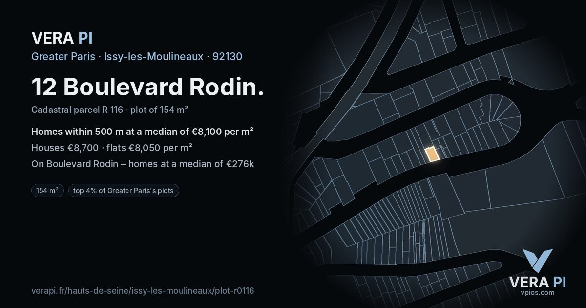 12 Boulevard Rodin, Issy-les-Moulineaux at night – the plot lit, the parcels around coloured by the prices near them