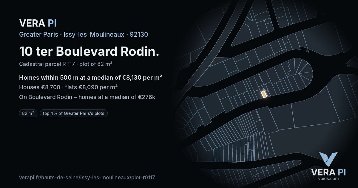 10 ter Boulevard Rodin, Issy-les-Moulineaux at night – the plot lit, the parcels around coloured by the prices near them