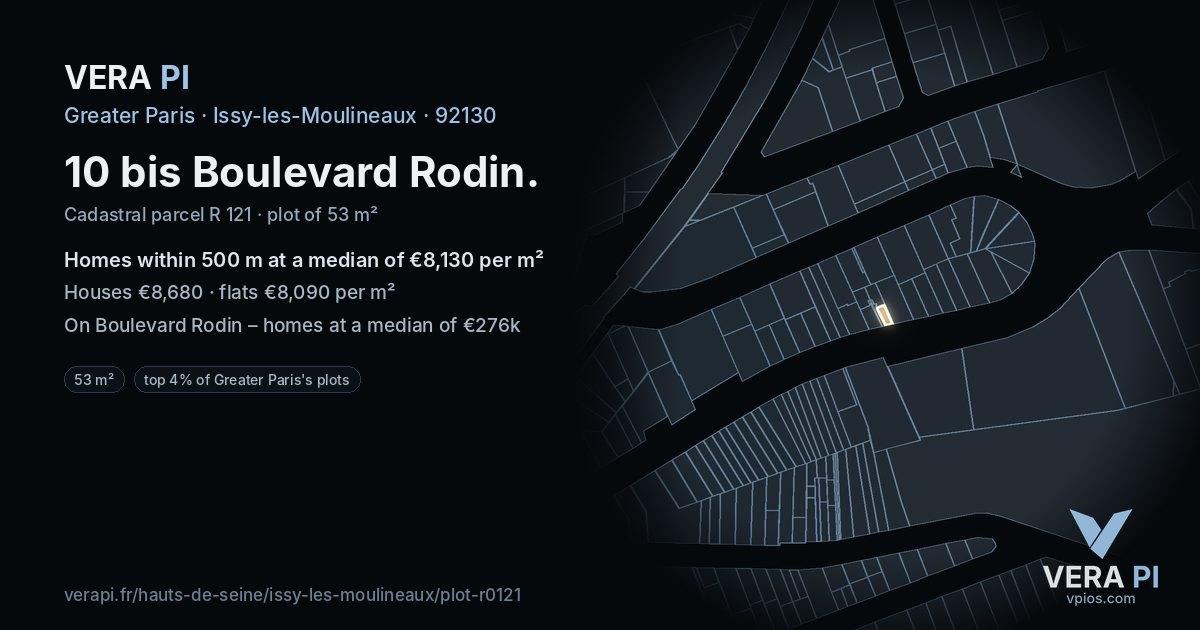 10 bis Boulevard Rodin, Issy-les-Moulineaux at night – the plot lit, the parcels around coloured by the prices near them