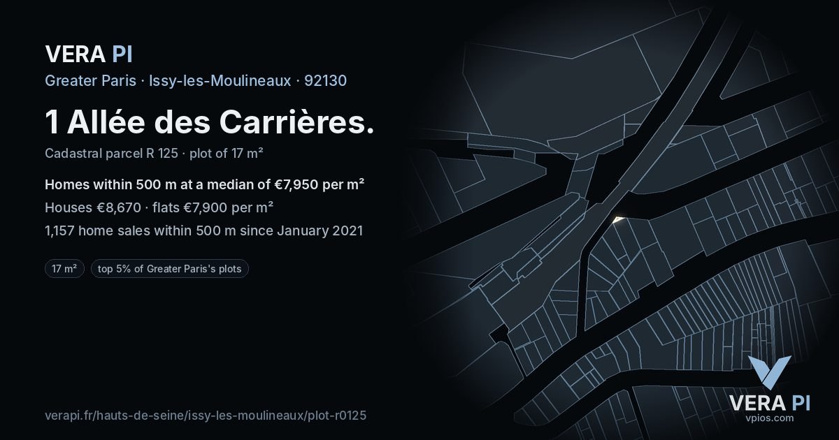 1 Allée des Carrières, Issy-les-Moulineaux at night – the plot lit, the parcels around coloured by the prices near them