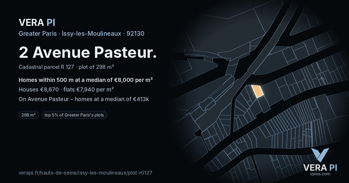 2 Avenue Pasteur, Issy-les-Moulineaux at night – the plot lit, the parcels around coloured by the prices near them