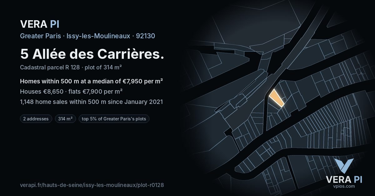 5 Allée des Carrières, Issy-les-Moulineaux at night – the plot lit, the parcels around coloured by the prices near them