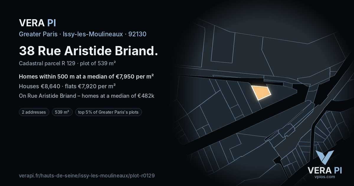38 Rue Aristide Briand, Issy-les-Moulineaux at night – the plot lit, the parcels around coloured by the prices near them