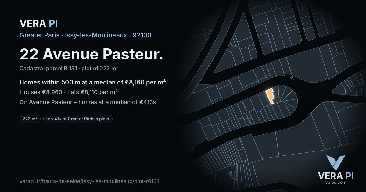 22 Avenue Pasteur, Issy-les-Moulineaux at night – the plot lit, the parcels around coloured by the prices near them