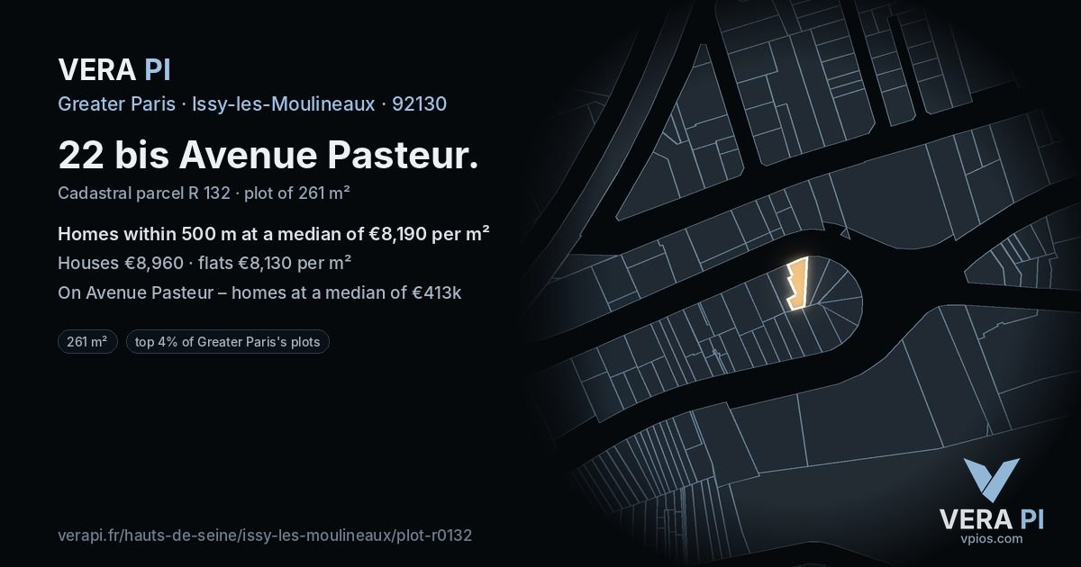 22 bis Avenue Pasteur, Issy-les-Moulineaux at night – the plot lit, the parcels around coloured by the prices near them